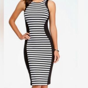 bebe Black and White Striped Midi Dress